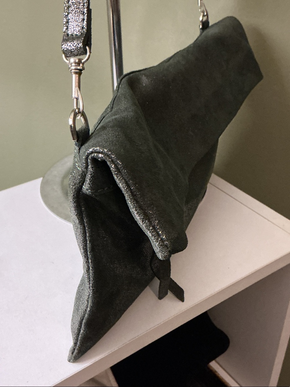 Gianni Chiarini Metallic Green Leather Foldover Shoulder Bag Wristlet Clutch - Picture 3 of 7